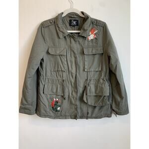 Forever Me Women’s Jacket Embroidered Bird Flowers Olive Green Size Large